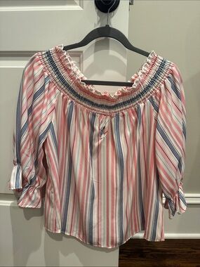 Striped Off-Shoulder Peasant Top in Pink and Blue